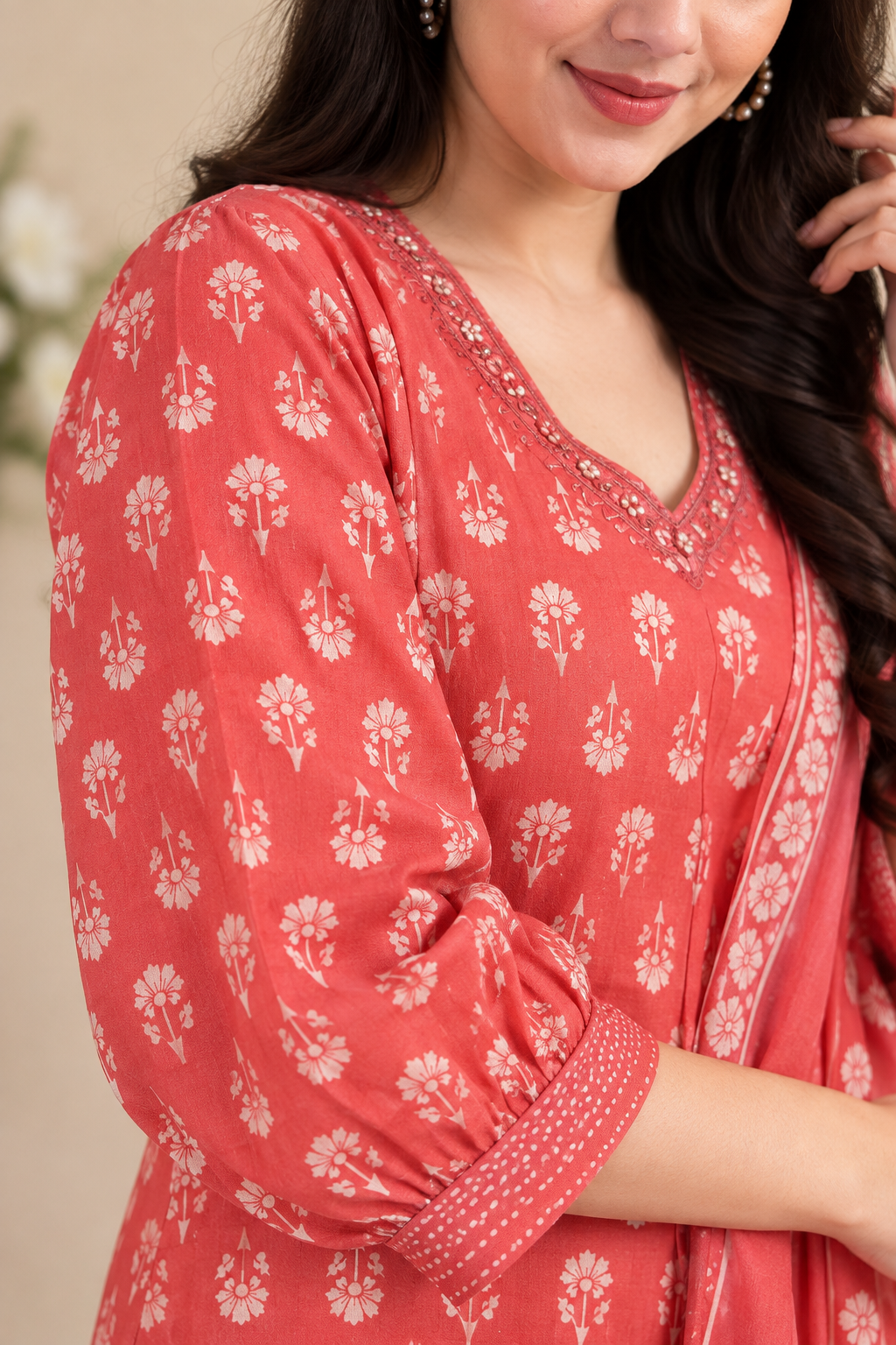 Pink Printed Cotton Blend Kurta Pant and Dupatta - Image 4