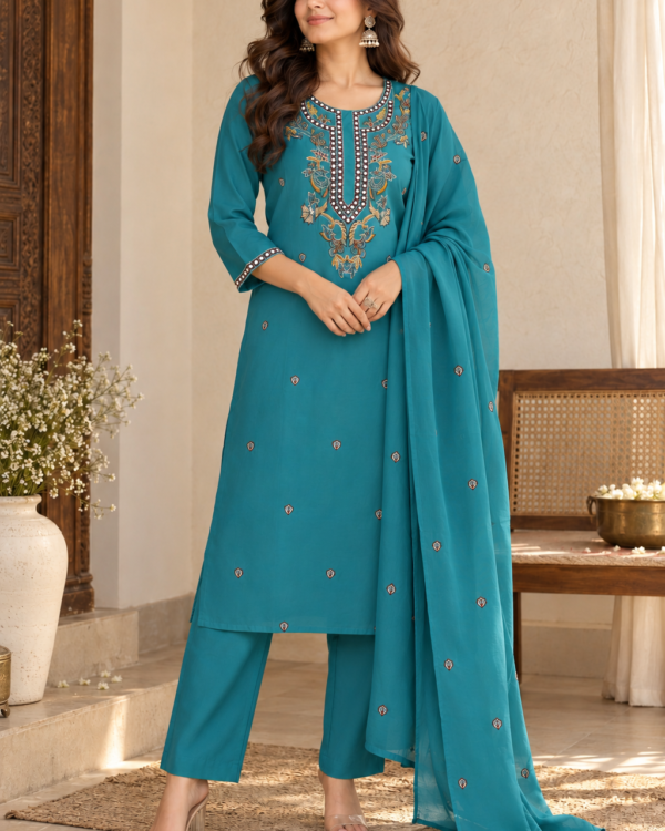 Teal Blue Embroidered Rayon Kurta Pant and Dupatta