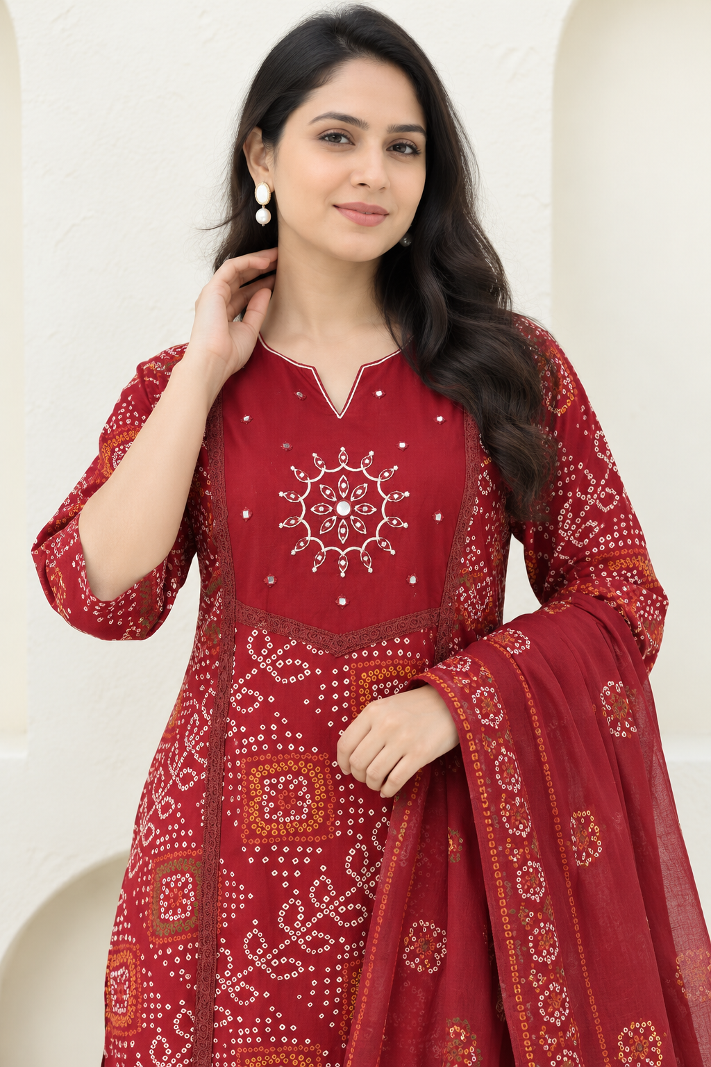 Maroon Printed Cotton Blend Kurta Pant and Dupatta - Image 4