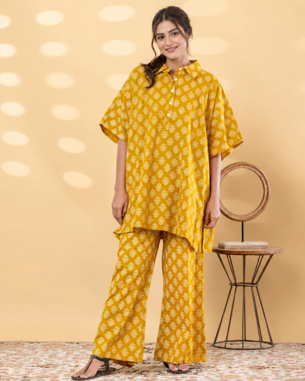 Mustard Printed Cotton Blend Kaftan Co-ord Set