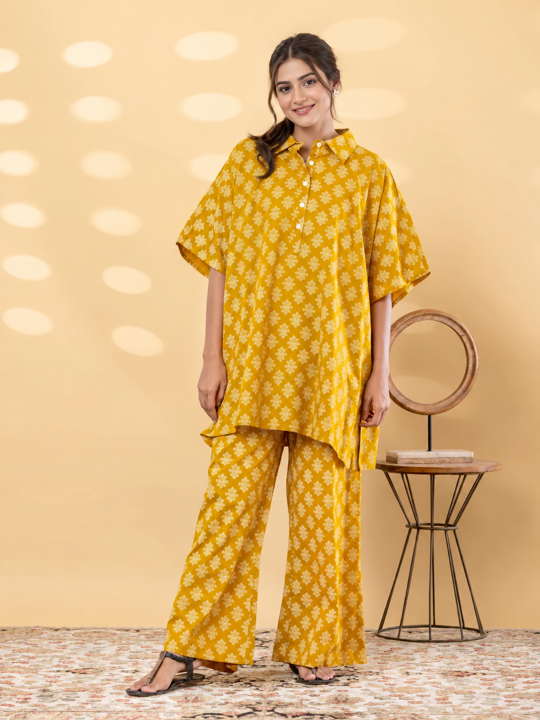 Mustard Printed Cotton Blend Kaftan Co-ord Set