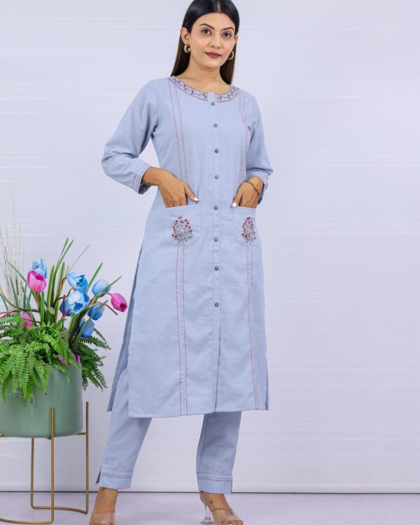 Powder Blue Embroidered Linen Silk Kurta Pant Set