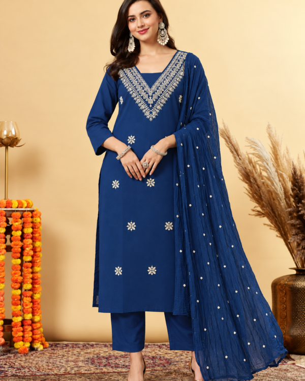 Navy Blue Embroidered Cotton Blend Kurta Pant and Dupatta