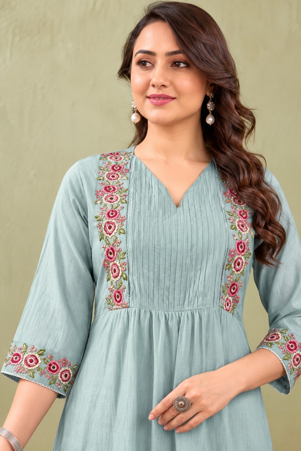 Powder Blue Floral Embroidered Cotton Blend Kurta Pant Set - Image 2