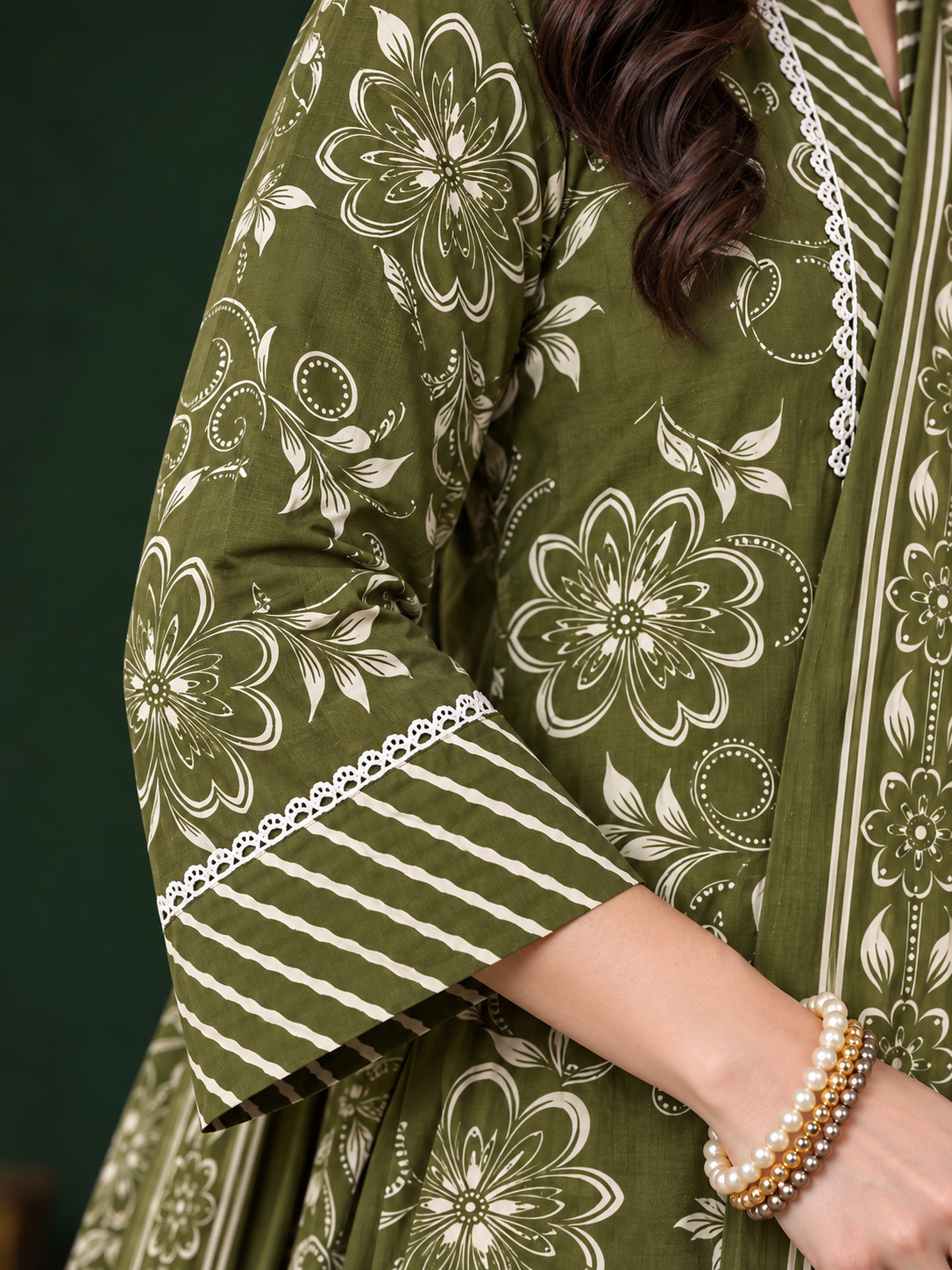Olive Green Printed Cotton Blend Kurta Pant and Dupatta - Image 2