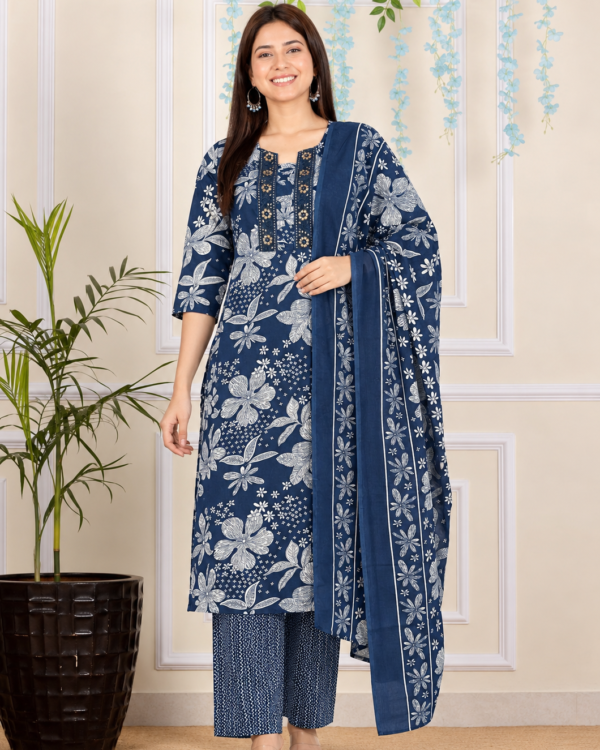 Dark Blue Printed Cotton Blend Kurta Pant and Dupatta