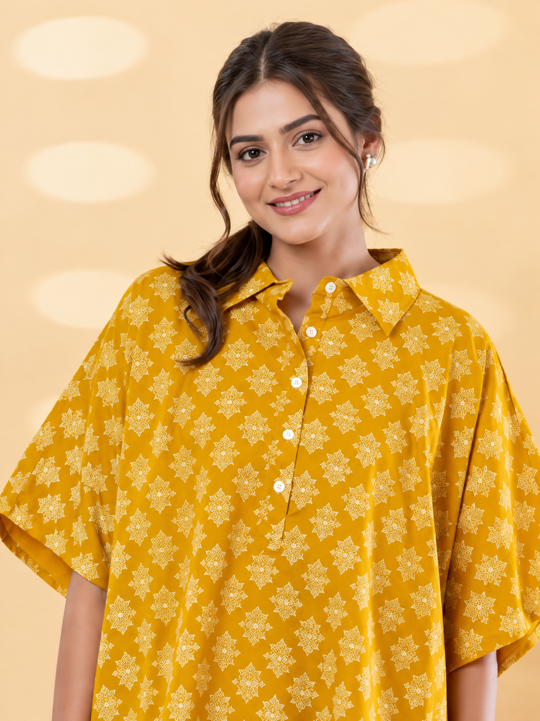 Mustard Printed Cotton Blend Kaftan Co-ord Set - Image 4