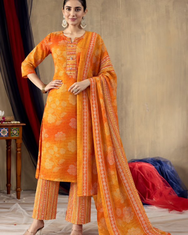 Mustard Orange Printed Cotton Blend Kurta Pant and Dupatta
