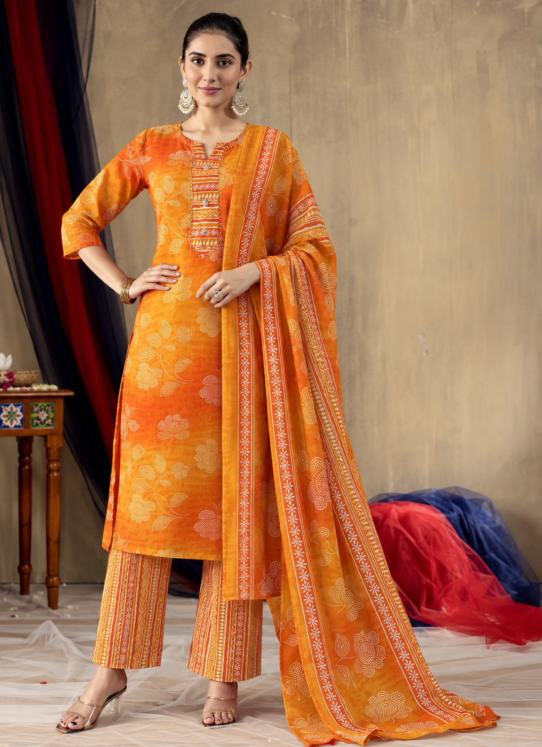 Mustard Orange Printed Cotton Blend Kurta Pant and Dupatta