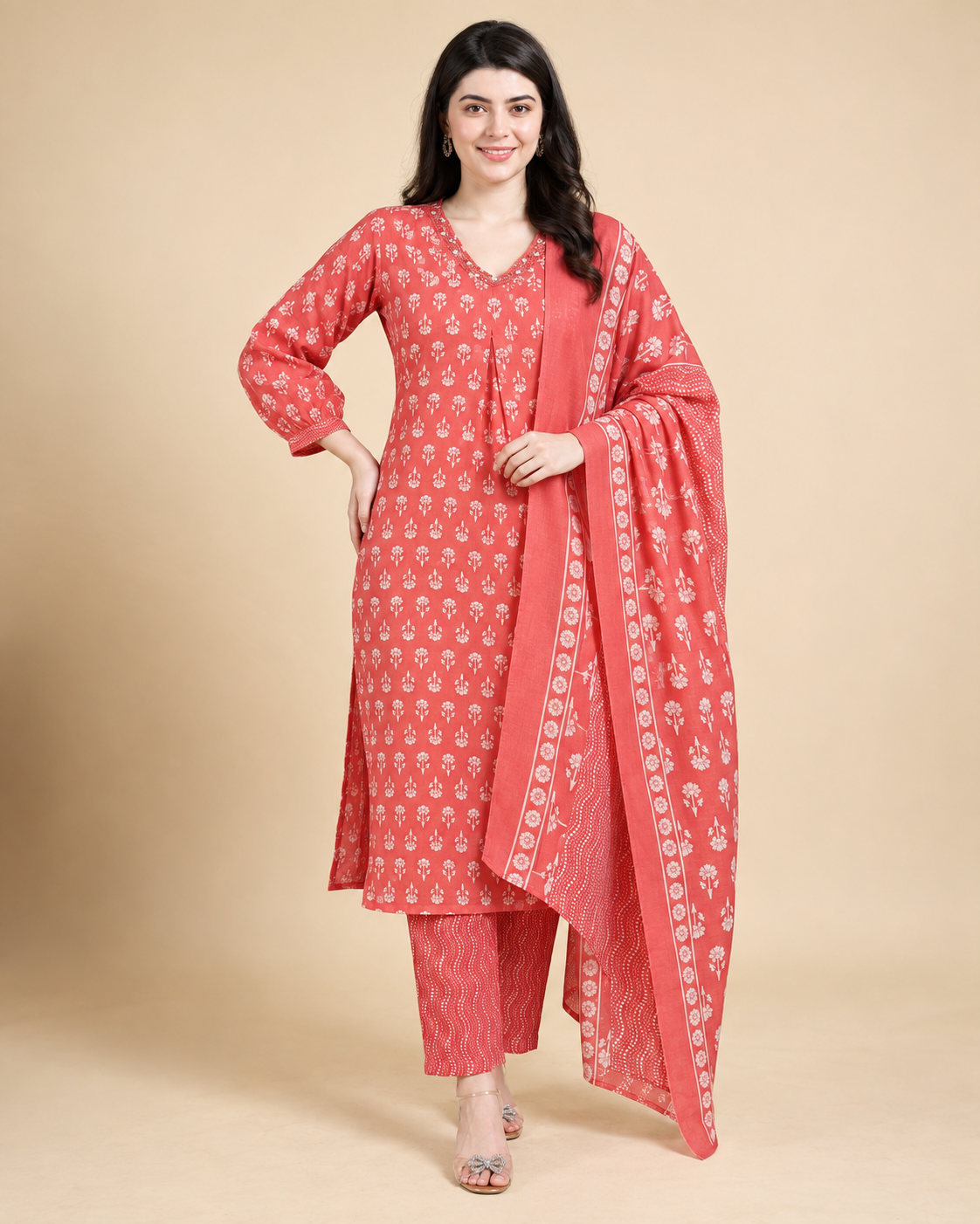 Pink Printed Cotton Blend Kurta Pant and Dupatta