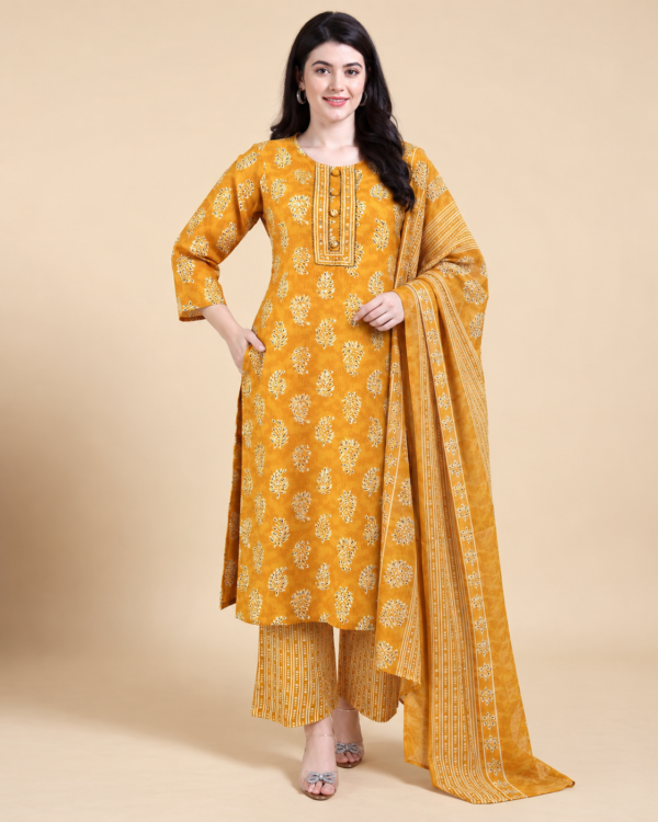 Mustard Yellow Printed Cotton Blend Kurta Pant and Dupatta