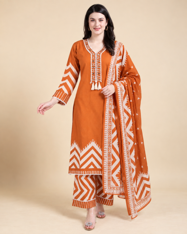 Rust Orange Printed Cotton Blend Kurta Pant and Dupatta