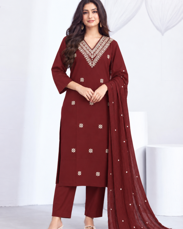 Deep Maroon Embroidered Cotton Blend Kurta Pant and Dupatta