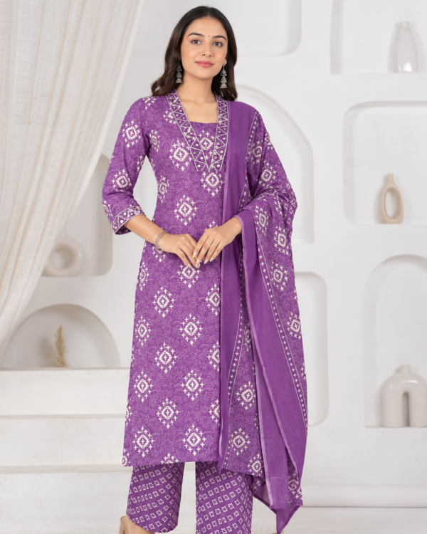 Purple Printed Cotton Blend Kurta Pant and Dupatta