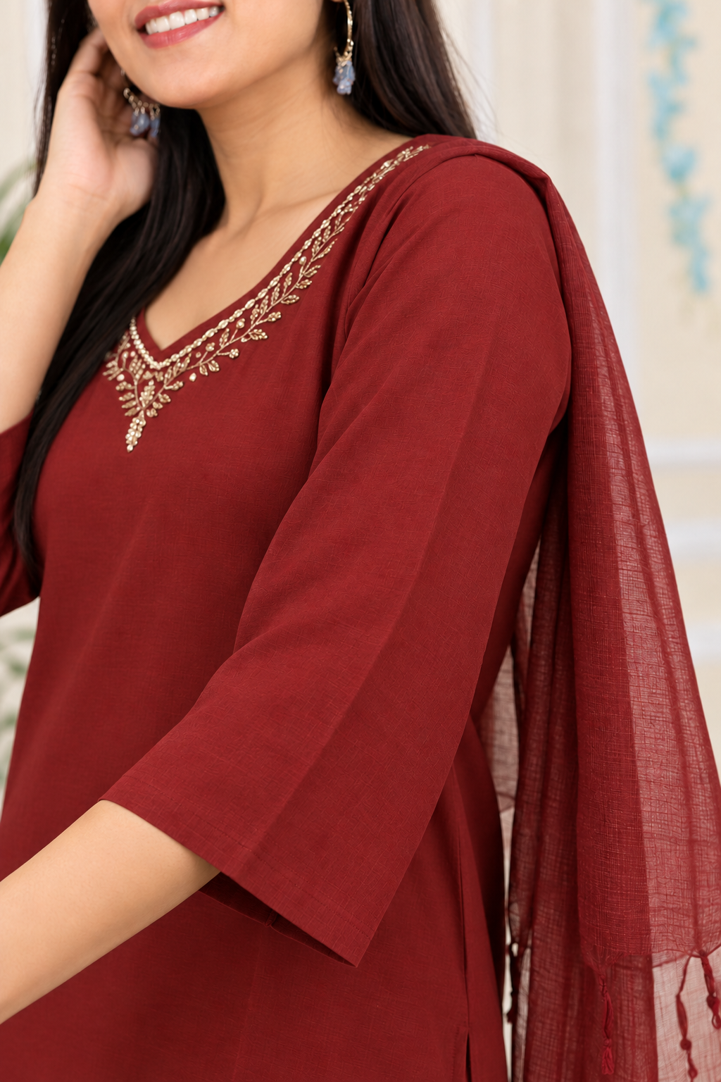 Maroon Embroidered Rayon Kurta Pant and Dupatta - Image 2