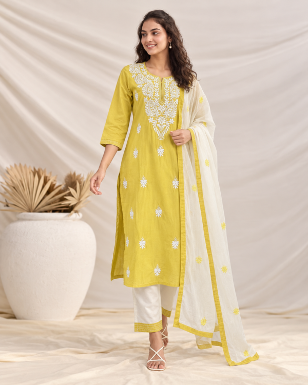 Yellow Embroidered Cotton Blend Kurta Pant and Dupatta