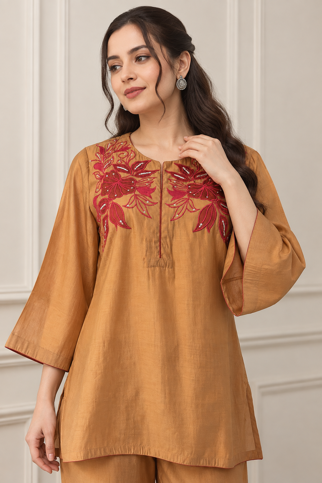 Tan Brown Embroidered Cotton Blend Kurta Pant Set - Image 3