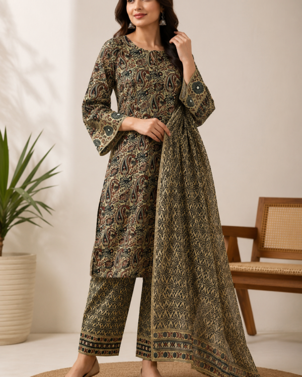 Ivory, Maroon & Deep Indigo Printed Cotton Blend Kurta Pant and Dupatta