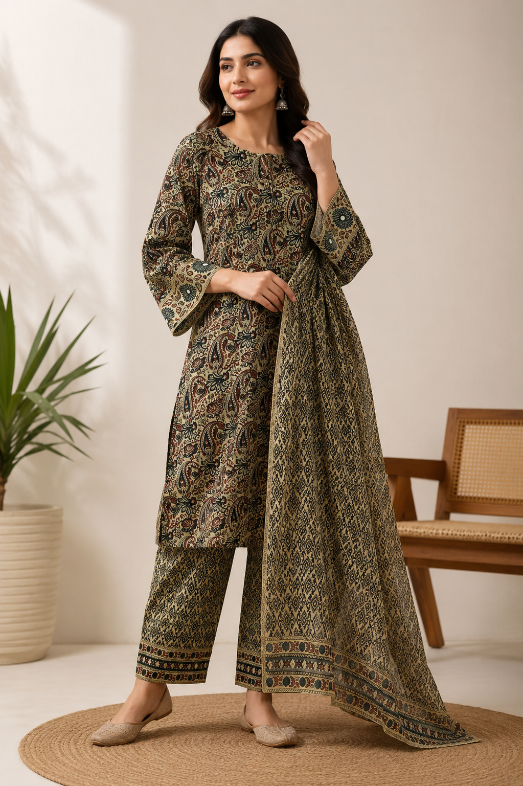 Ivory, Maroon & Deep Indigo Printed Cotton Blend Kurta Pant and Dupatta