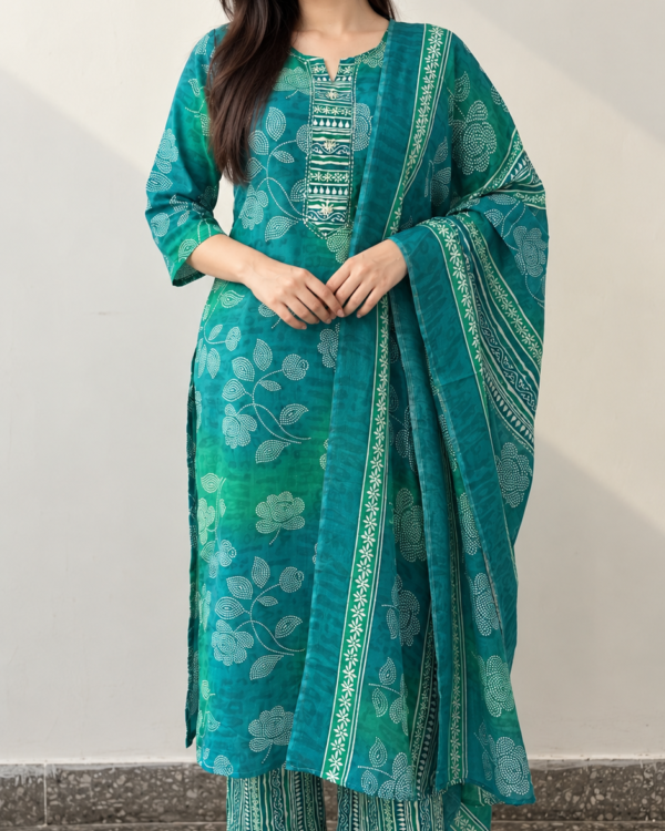 Teal Green Printed Cotton Blend Kurta Pant and Dupatta