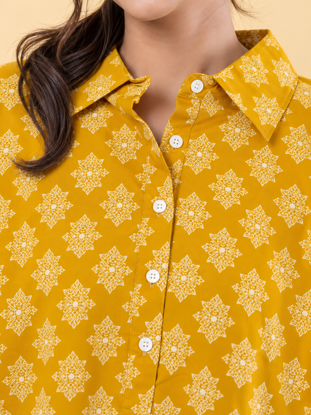 Mustard Printed Cotton Blend Kaftan Co-ord Set - Image 2