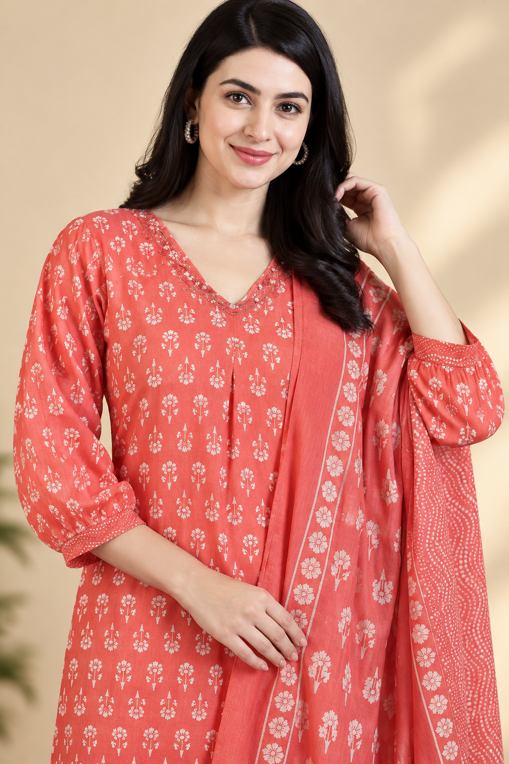 Pink Printed Cotton Blend Kurta Pant and Dupatta - Image 3