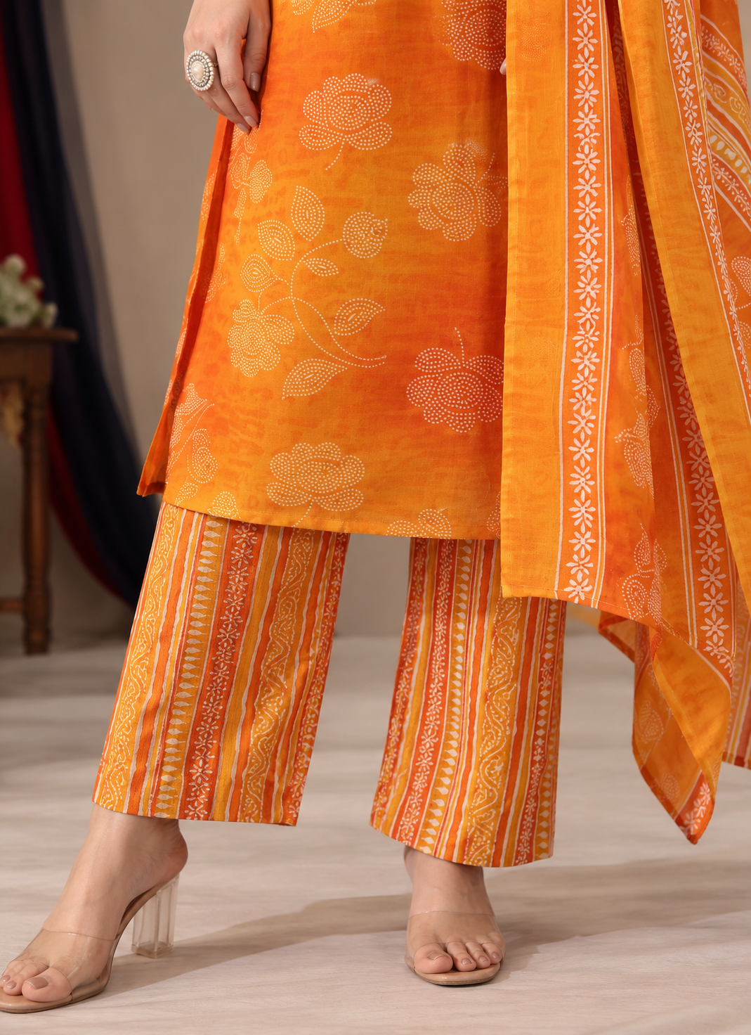 Mustard Orange Printed Cotton Blend Kurta Pant and Dupatta - Image 2