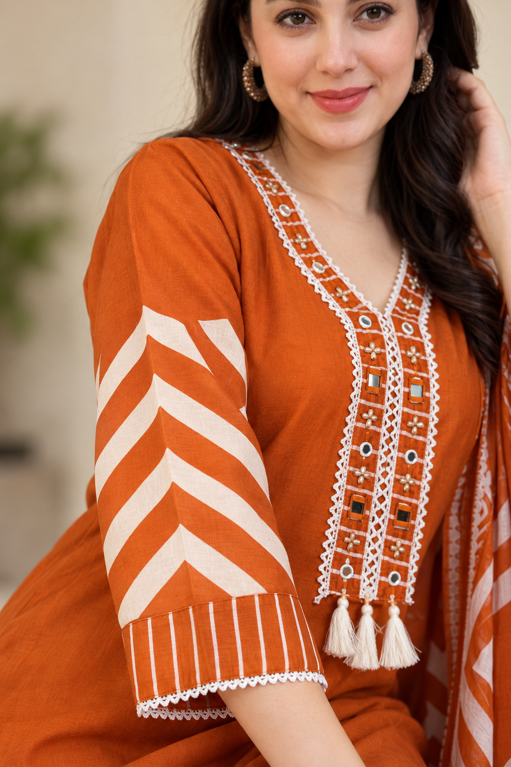 Rust Orange Printed Cotton Blend Kurta Pant and Dupatta - Image 2