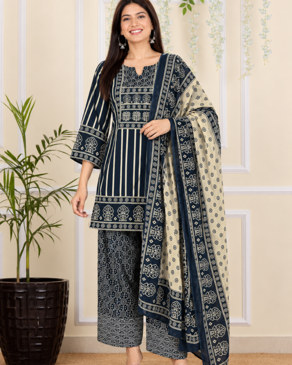 Dark Blue and Ivory Cotton Blend Kurta Pant and Dupatta