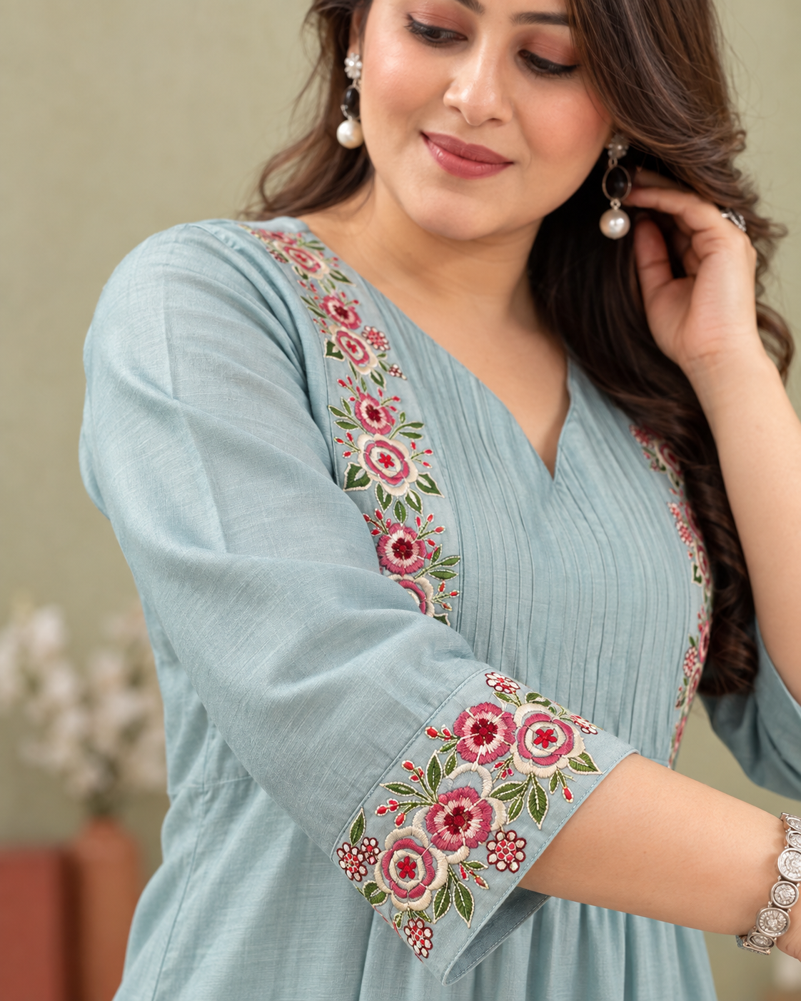 Powder Blue Floral Embroidered Cotton Blend Kurta Pant Set - Image 4