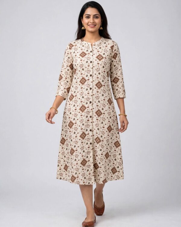 Ivory Linen-Flex Cotton Kurti with Floral Vine Details
