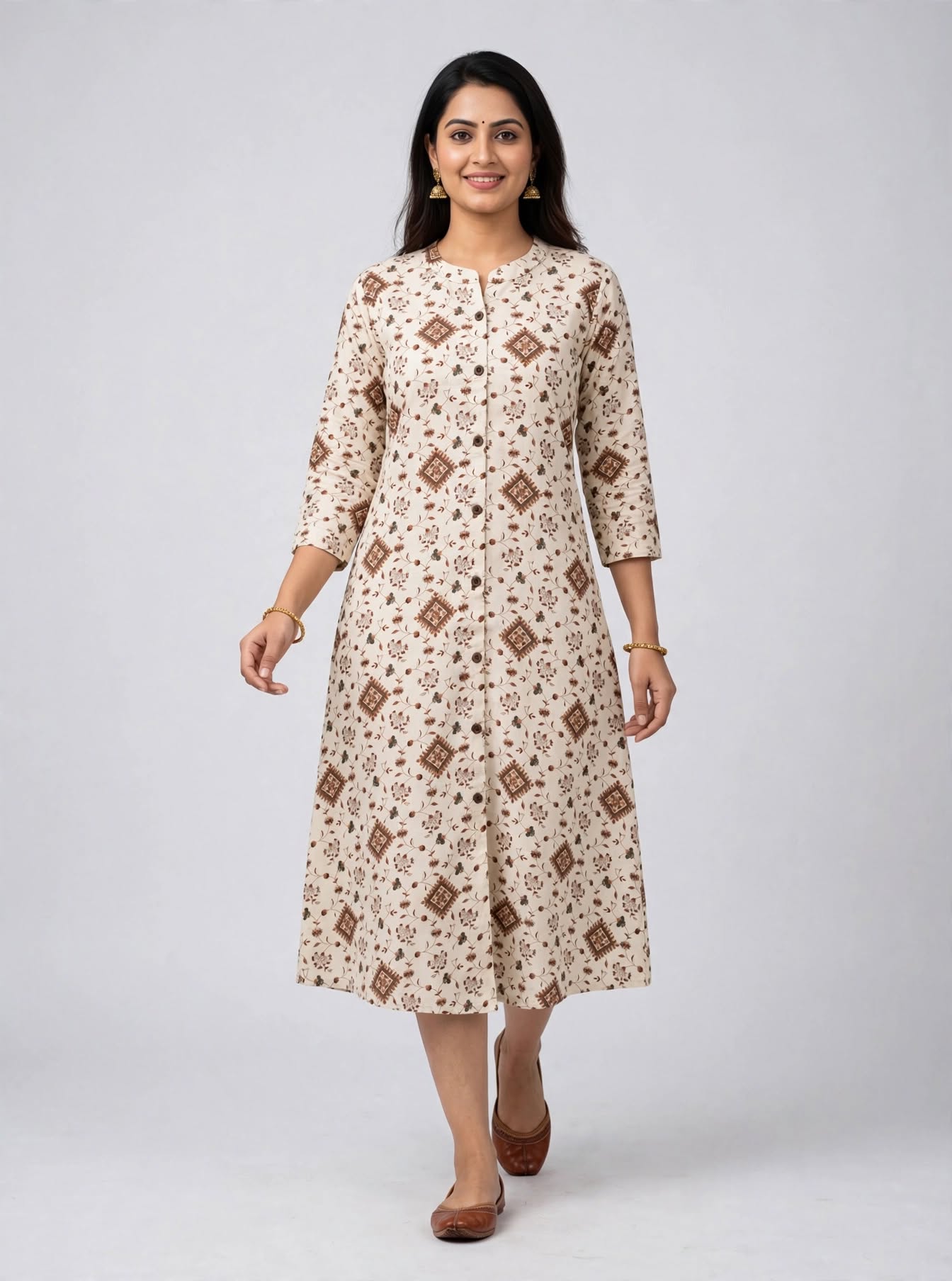 Ivory Linen-Flex Cotton Kurti with Floral Vine Details