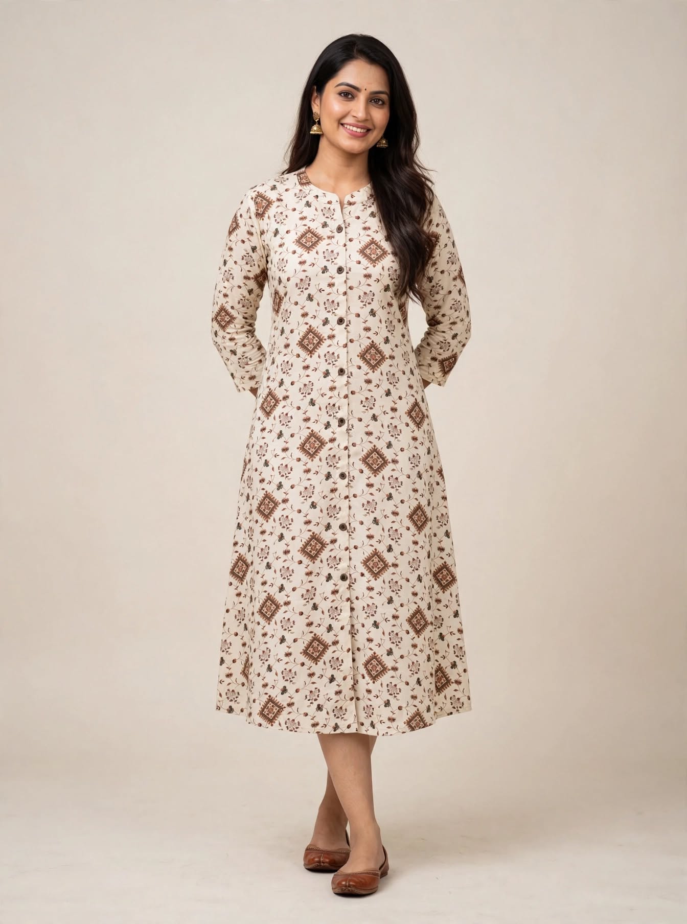Ivory Linen-Flex Cotton Kurti with Floral Vine Details - Image 5