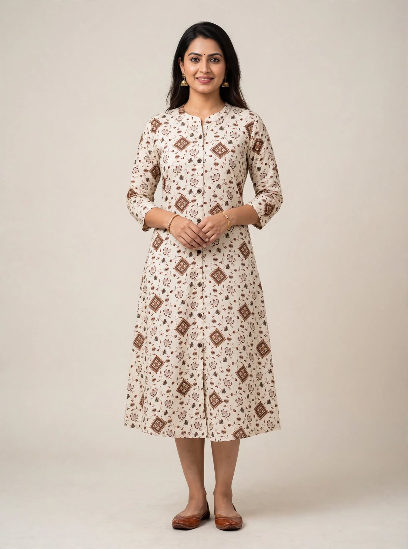 Ivory Linen-Flex Cotton Kurti with Floral Vine Details - Image 3