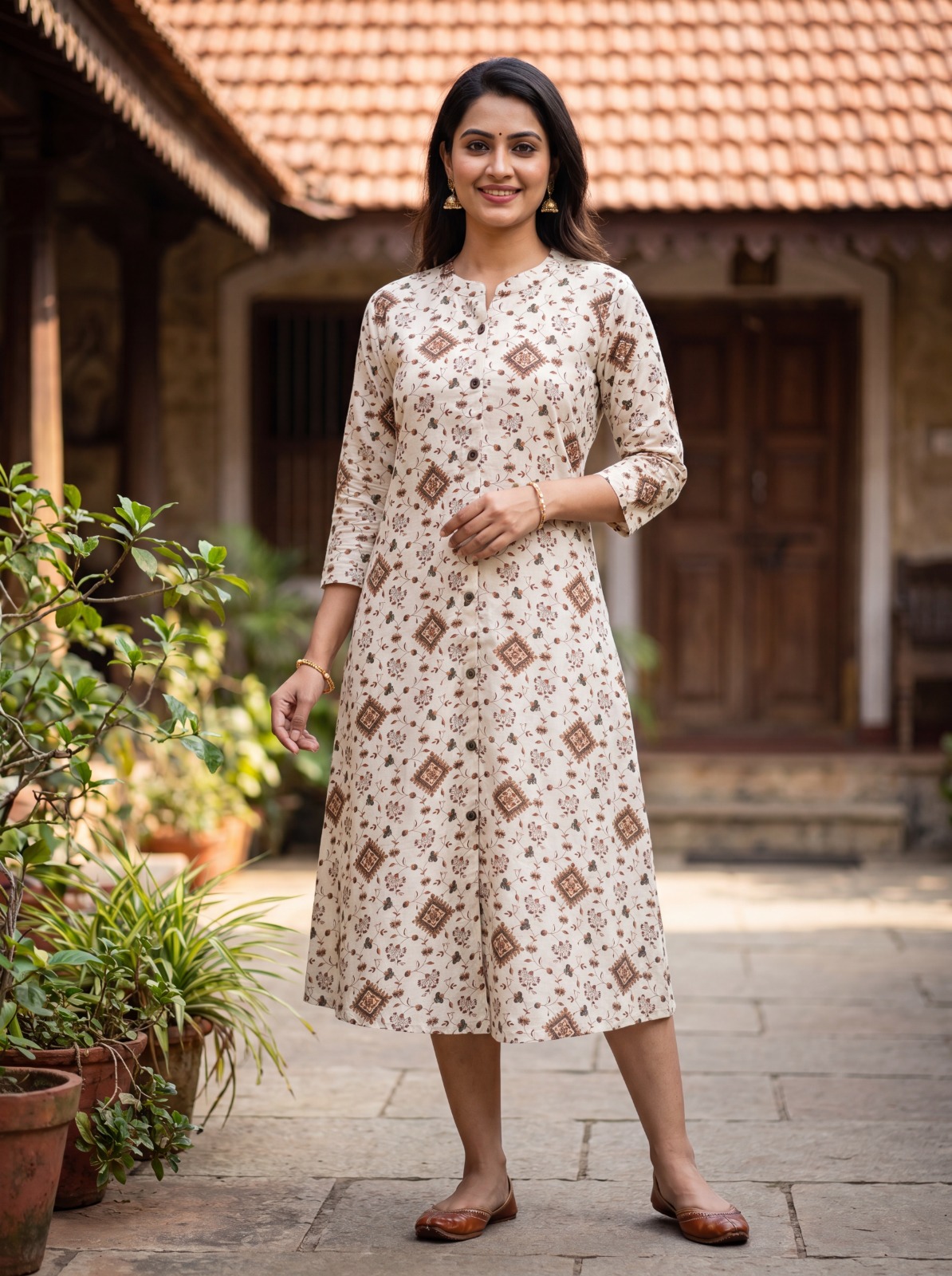 Ivory Linen-Flex Cotton Kurti with Floral Vine Details - Image 2