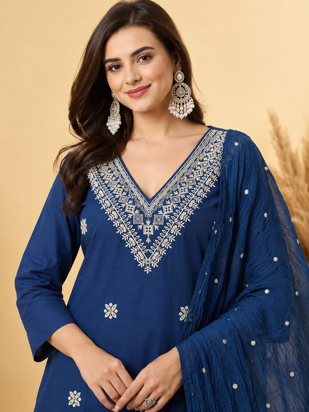Navy Blue Embroidered Cotton Blend Kurta Pant and Dupatta - Image 3