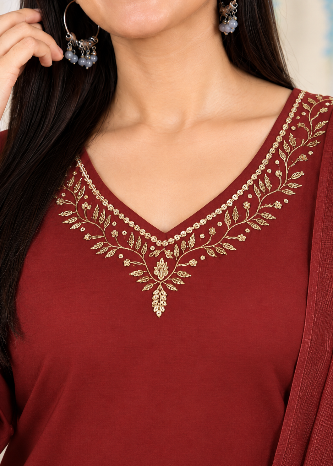 Maroon Embroidered Rayon Kurta Pant and Dupatta - Image 4