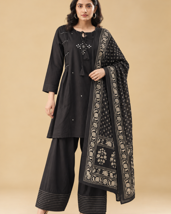 Black Printed Cotton Blend Kurta Pant and Dupatta