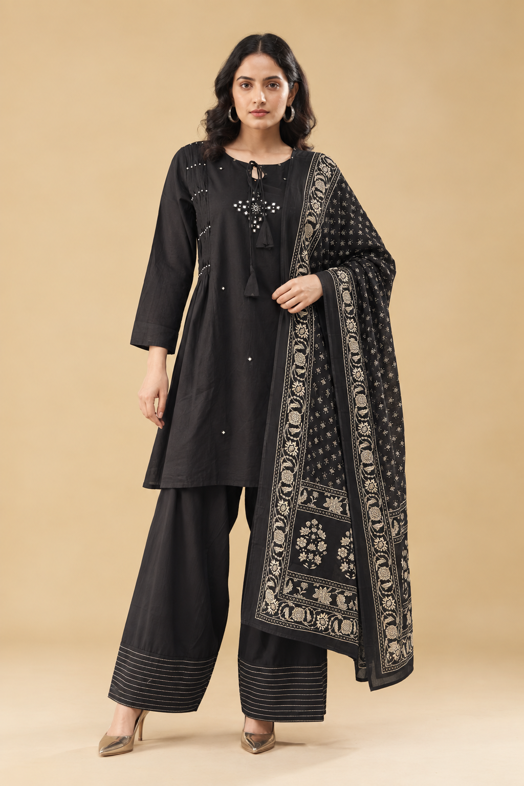 Black Printed Cotton Blend Kurta Pant and Dupatta