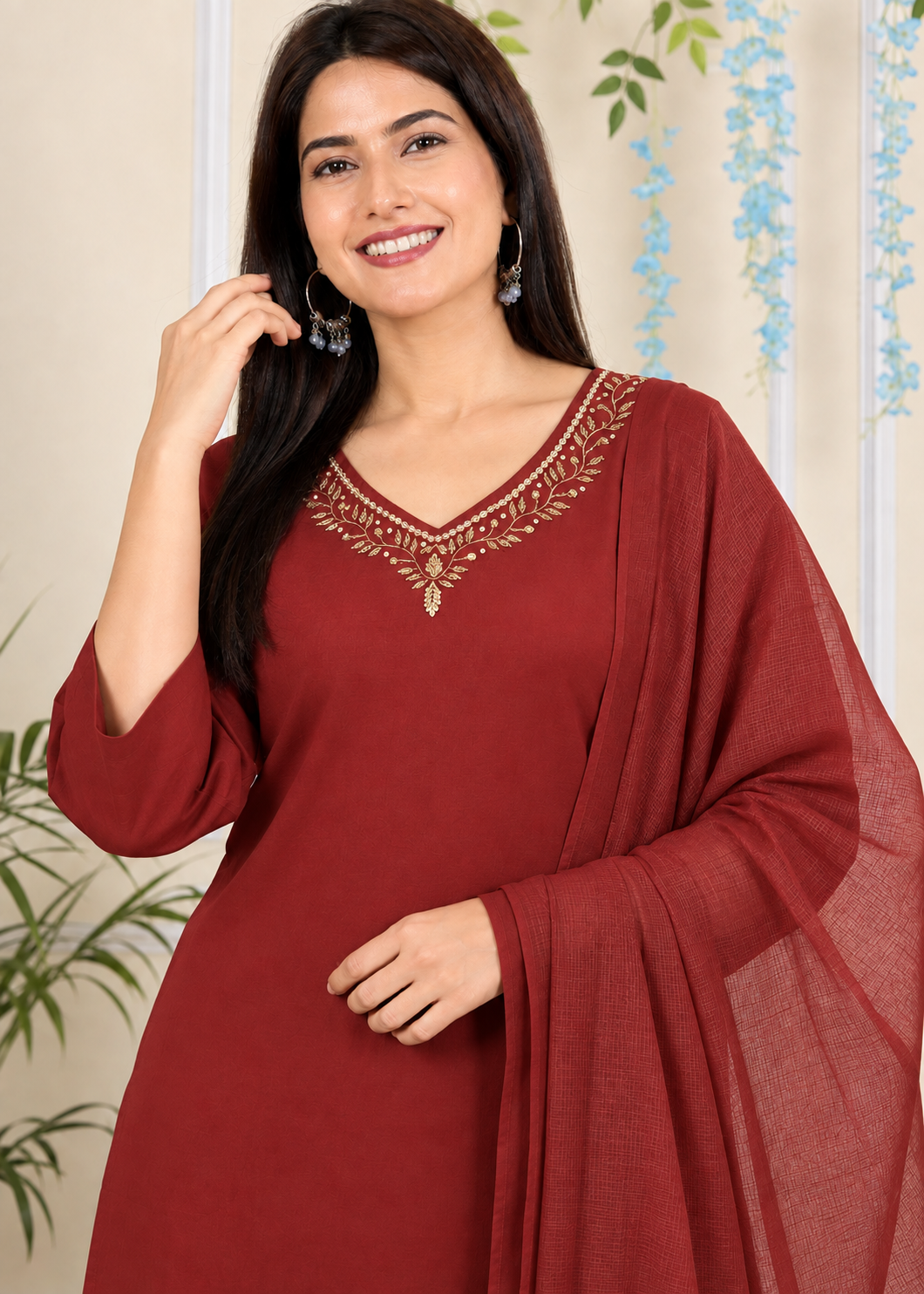 Maroon Embroidered Rayon Kurta Pant and Dupatta - Image 3