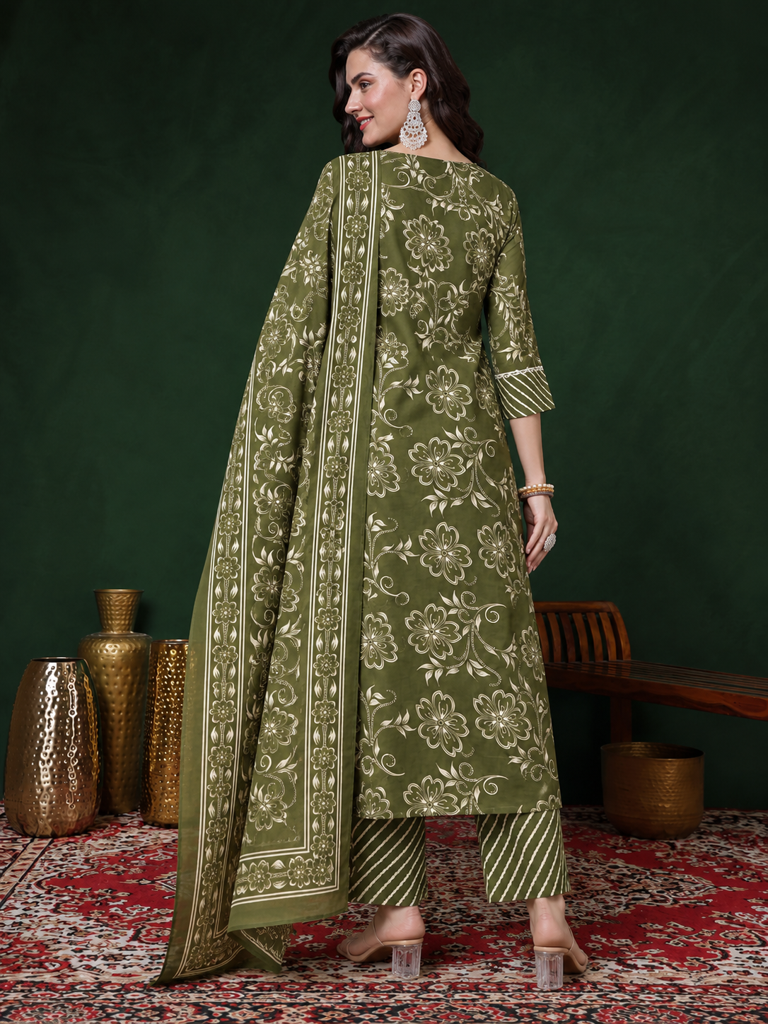 Olive Green Printed Cotton Blend Kurta Pant and Dupatta - Image 3