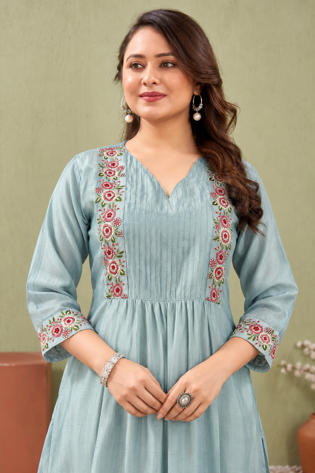 Powder Blue Floral Embroidered Cotton Blend Kurta Pant Set - Image 3