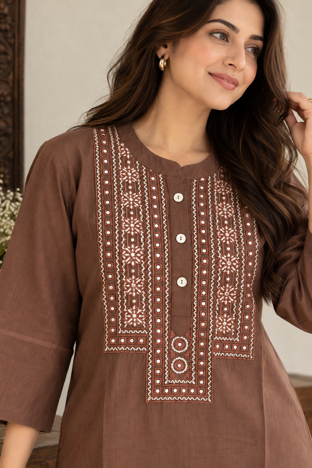 Cocoa Brown Embroidered Rayon Kurta Pant Set - Image 3