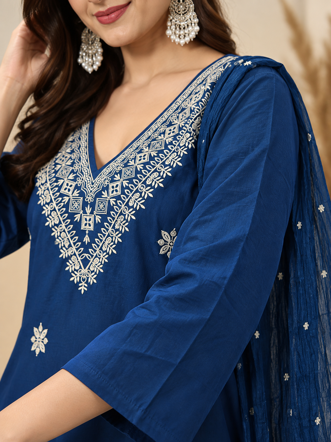 Navy Blue Embroidered Cotton Blend Kurta Pant and Dupatta - Image 4