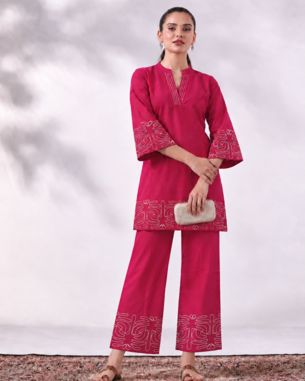 Rani Pink Cotton Blend Kurta and Pant Set