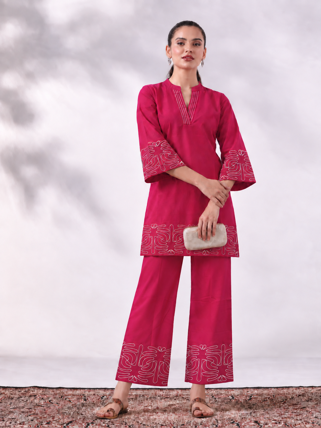 Rani Pink Cotton Blend Kurta and Pant Set