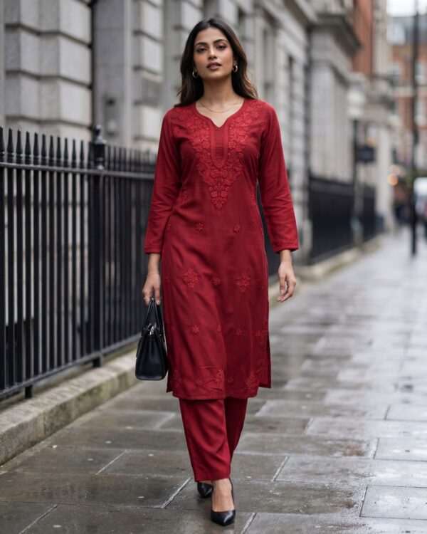 Maroon Chikankari Viscose Rayon Kurti