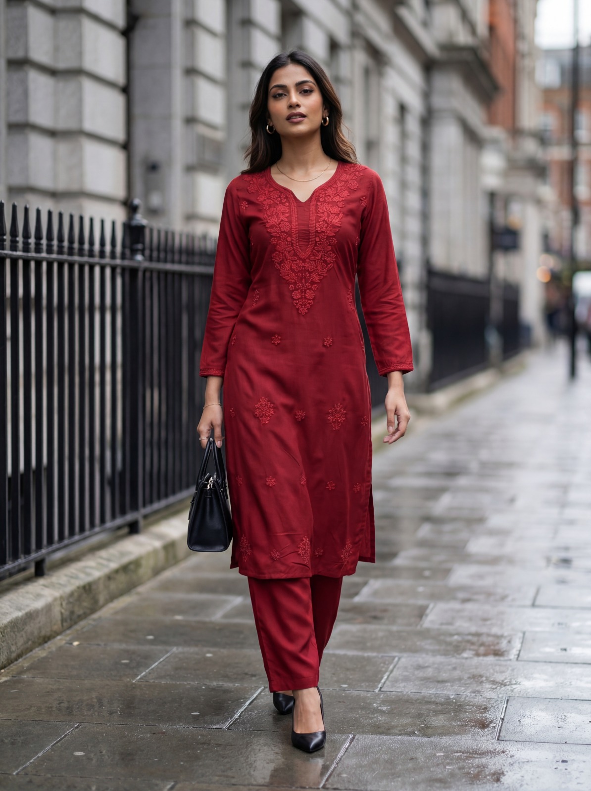 Maroon Chikankari Viscose Rayon Kurti