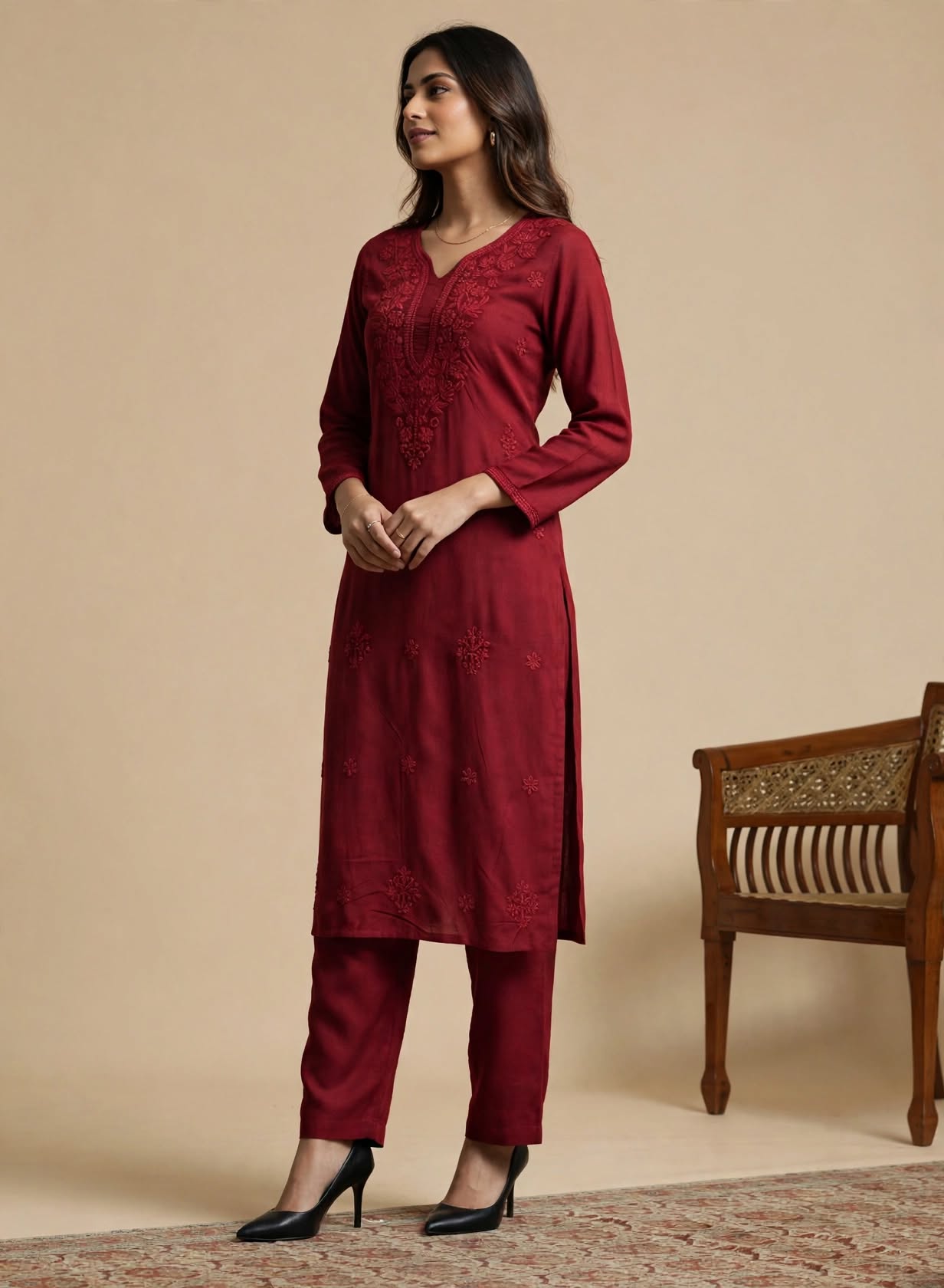 Maroon Chikankari Viscose Rayon Kurti - Image 2
