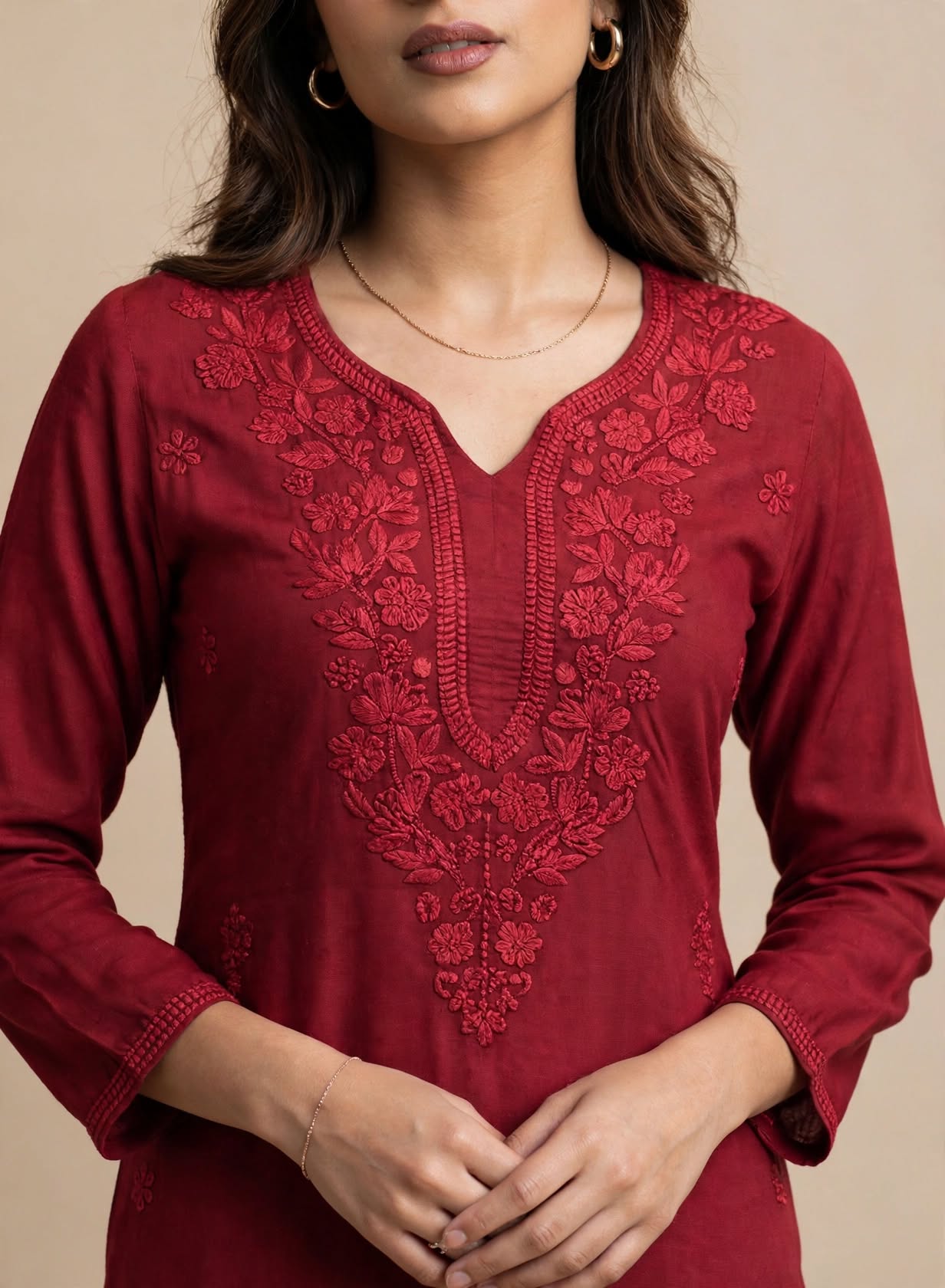 Maroon Chikankari Viscose Rayon Kurti - Image 3